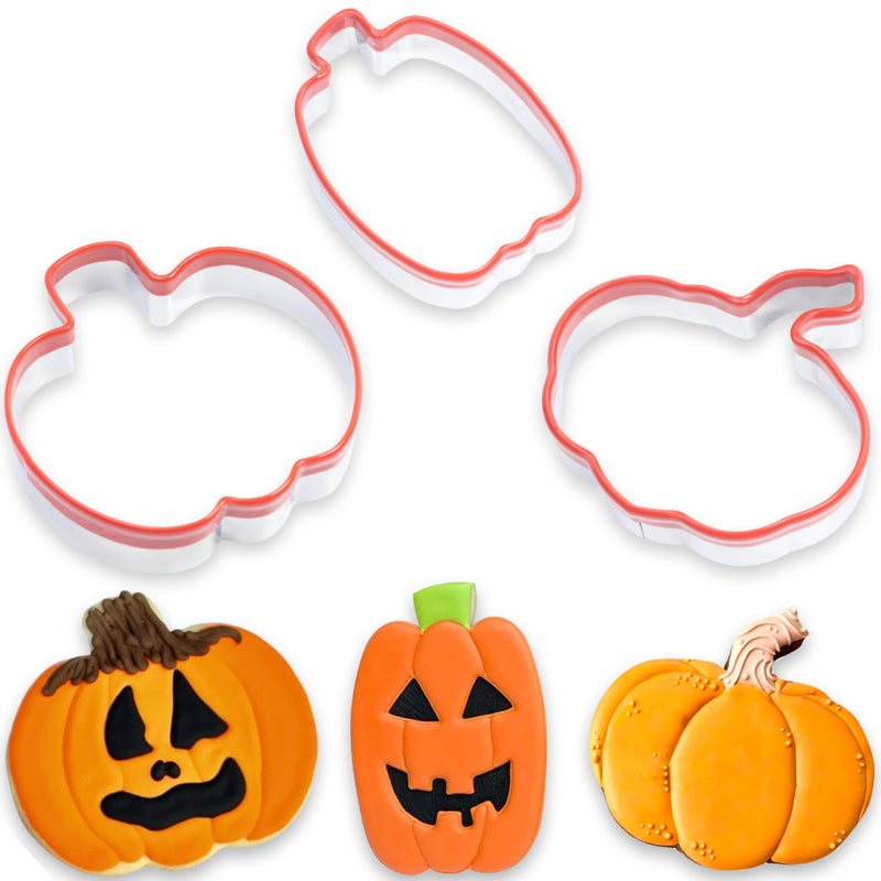 COOKIEQUE 3Pcs Pumpkin Cookie Cutters 3.8"" 3.9"" 4""  Halloween Cookie Cutters  Fall Thanksgiving Cookie Cutters  Biscuit Cutter Set  Coated with Soft PVC for Protection - Image 1